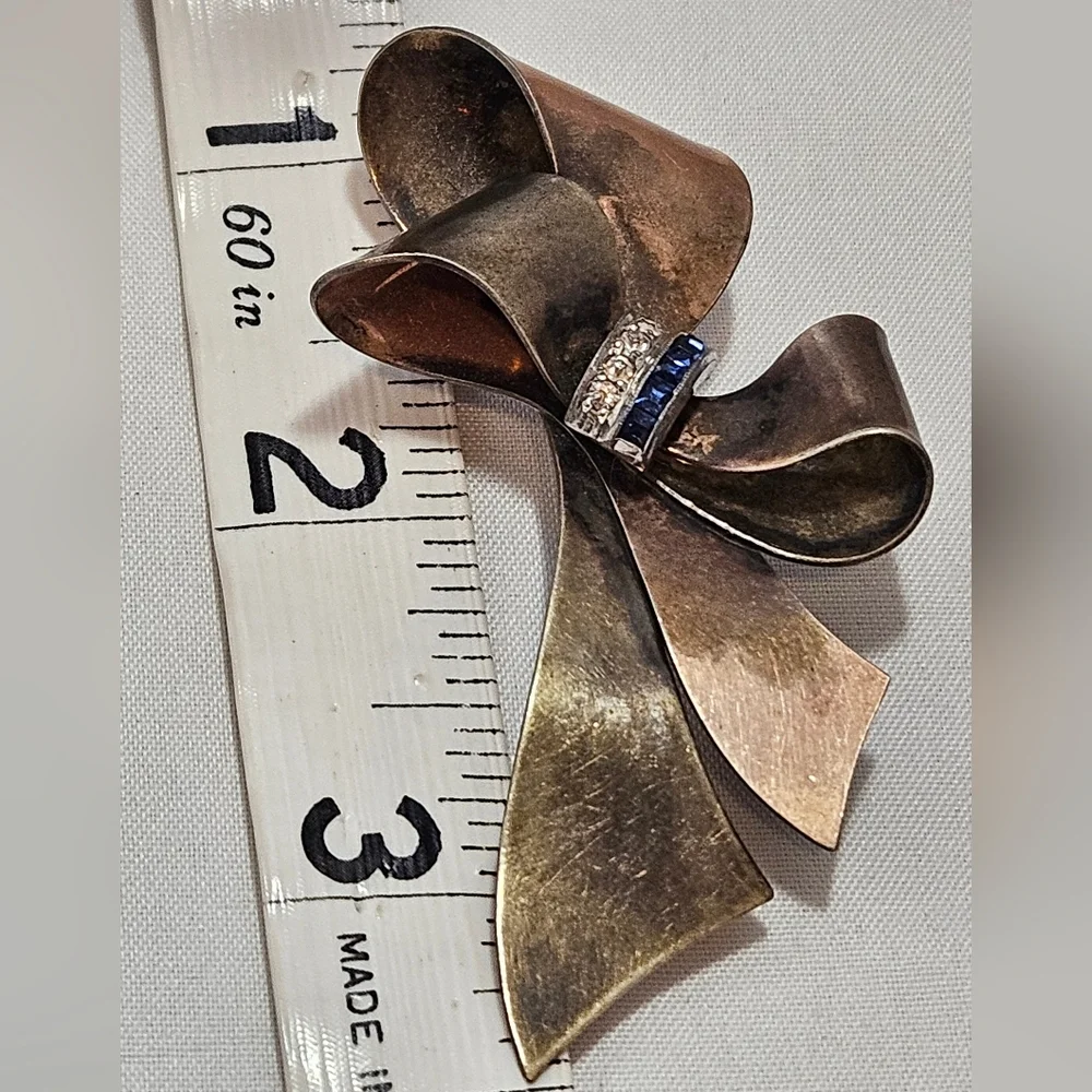 Vintage Sterling Taylord 1/20 12K Gold Filled Blue/Clear Rhinestones Bow Brooch